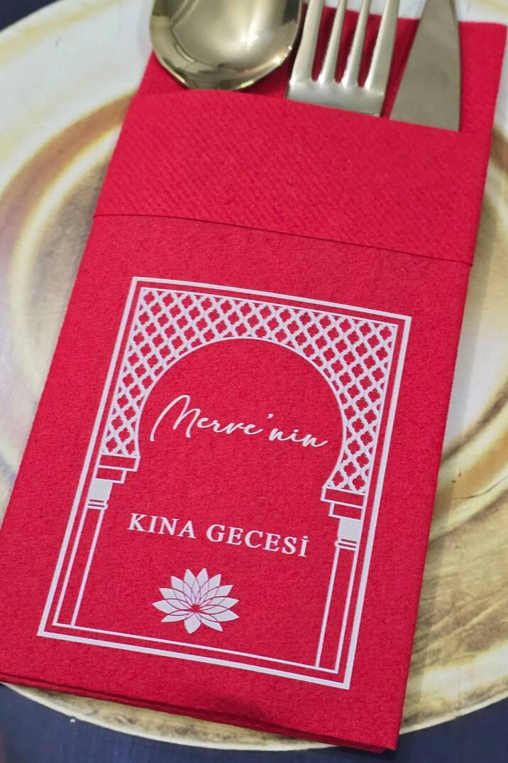 Kumaş Dokulu Cepli Kırmızı Peçete Etnik Çerçeveli Kına Konsept - 2