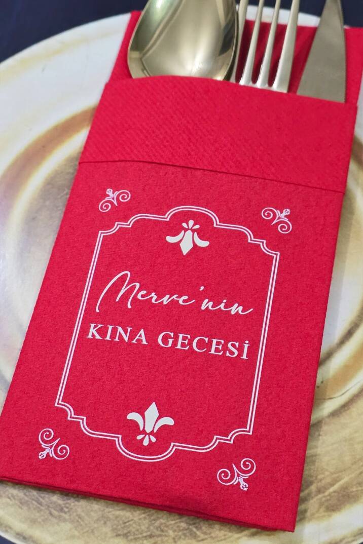 Kumaş Dokulu Cepli Kırmızı Peçete Kına Konsept - 2