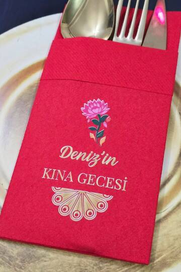 Kumaş Dokulu Cepli Kırmızı Peçete Pembe Çiçek Gold Konsept Kına Konsept - 2