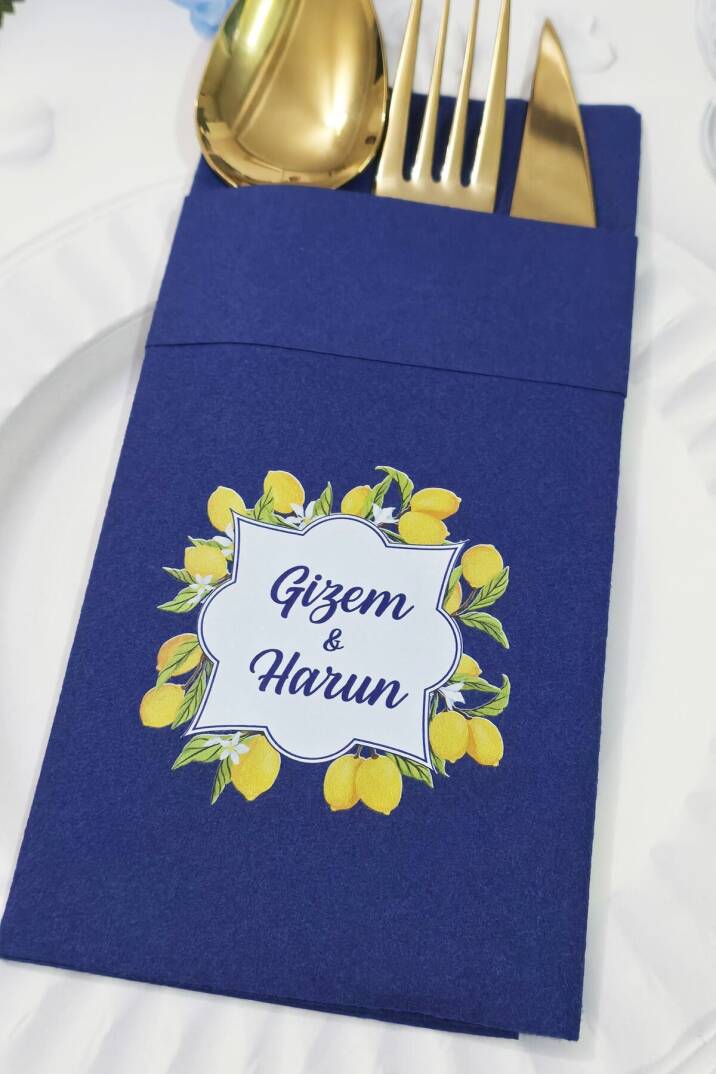 Kumaş Dokulu Cepli Lacivert Peçete Limon Bahçesi Konsept - 2