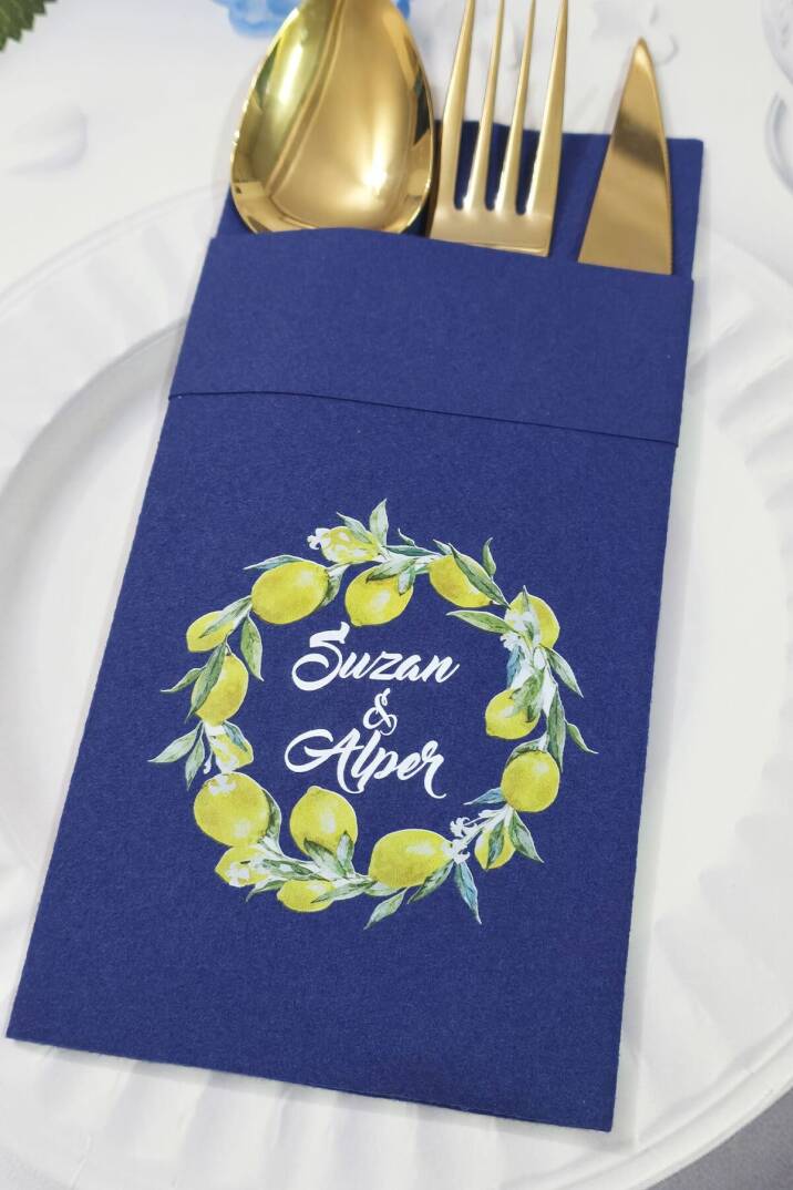 Kumaş Dokulu Cepli Lacivert Peçete Limon Konsept - 2