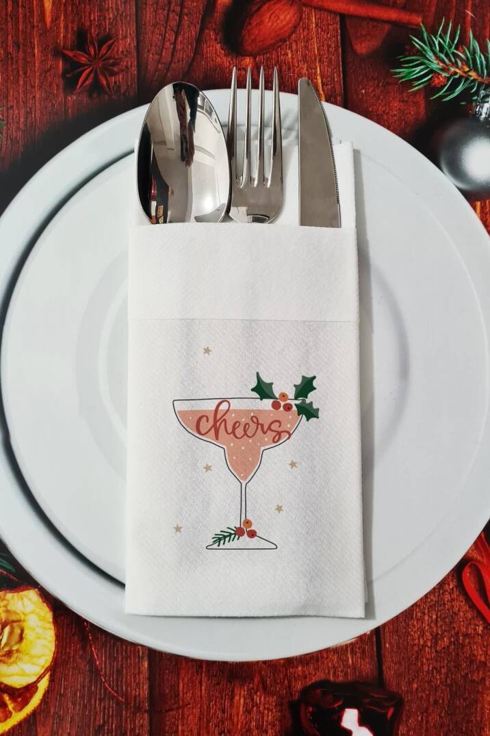 Kumaş Dokulu Cheers Kokteyl Yılbaşı - Yeni Yıl Sunum Peçetesi - 1