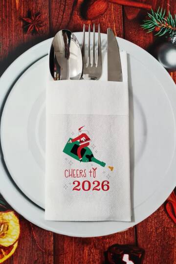 Kumaş Dokulu Cheers to 2026 Şampanya ve Noel Baba Yılbaşı - Yeni Yıl Sunum Peçetesi