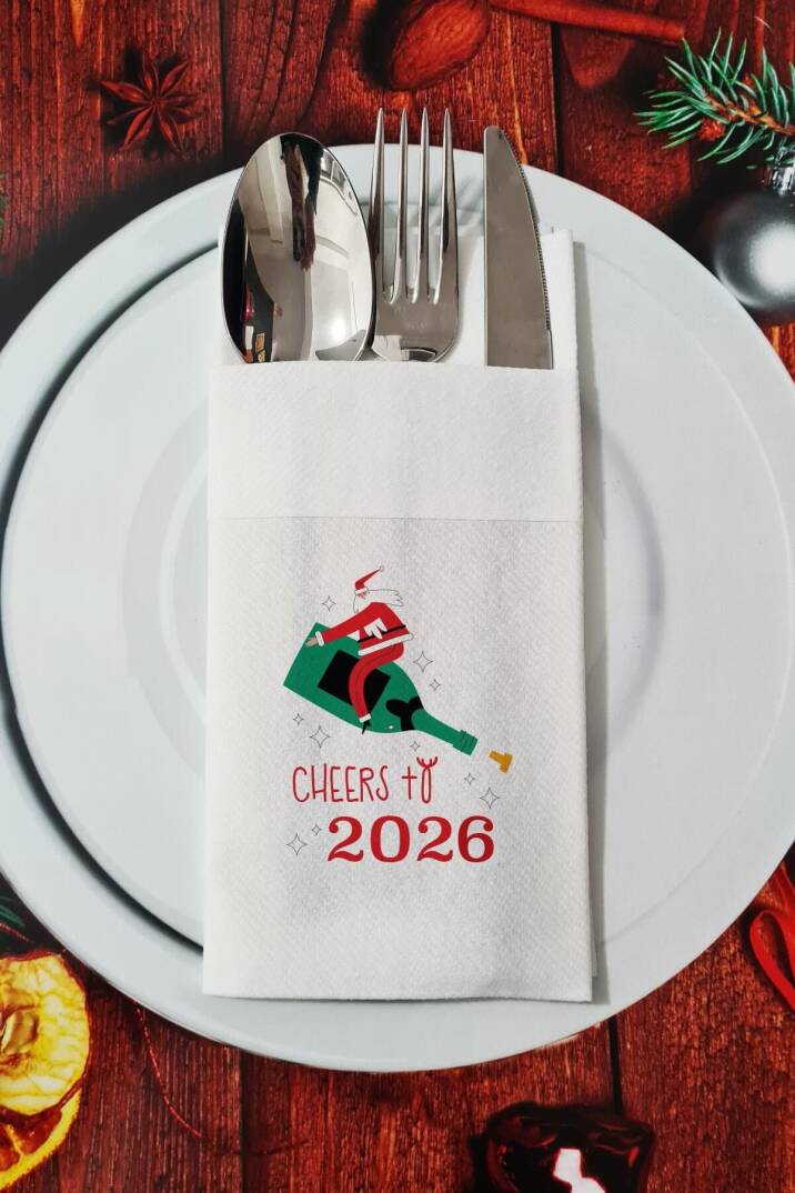 Kumaş Dokulu Cheers to 2026 Şampanya ve Noel Baba Yılbaşı - Yeni Yıl Sunum Peçetesi - 1