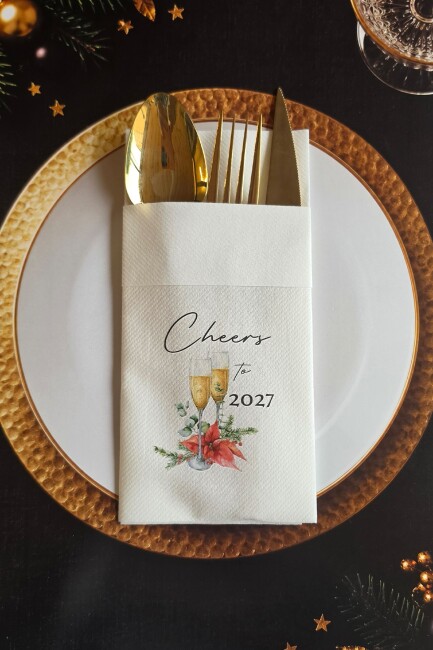 Kumaş Dokulu Cheers to 2027 Yılbaşı Peçetesi Cepli Peçete 6'lı Paket