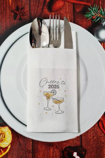 Kumaş Dokulu Cheers to 2026 Yazılı Yılbaşı Masası Sunum Peçetesi