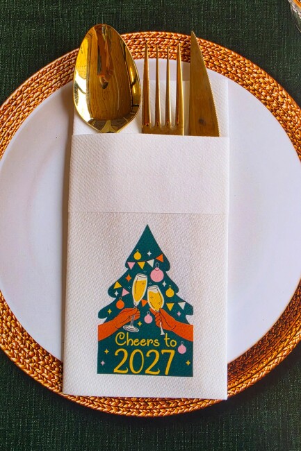Kumaş Dokulu Cheers to 2027 Yılbaşı Ağacı - Yeni Yıl Sunum Peçetesi