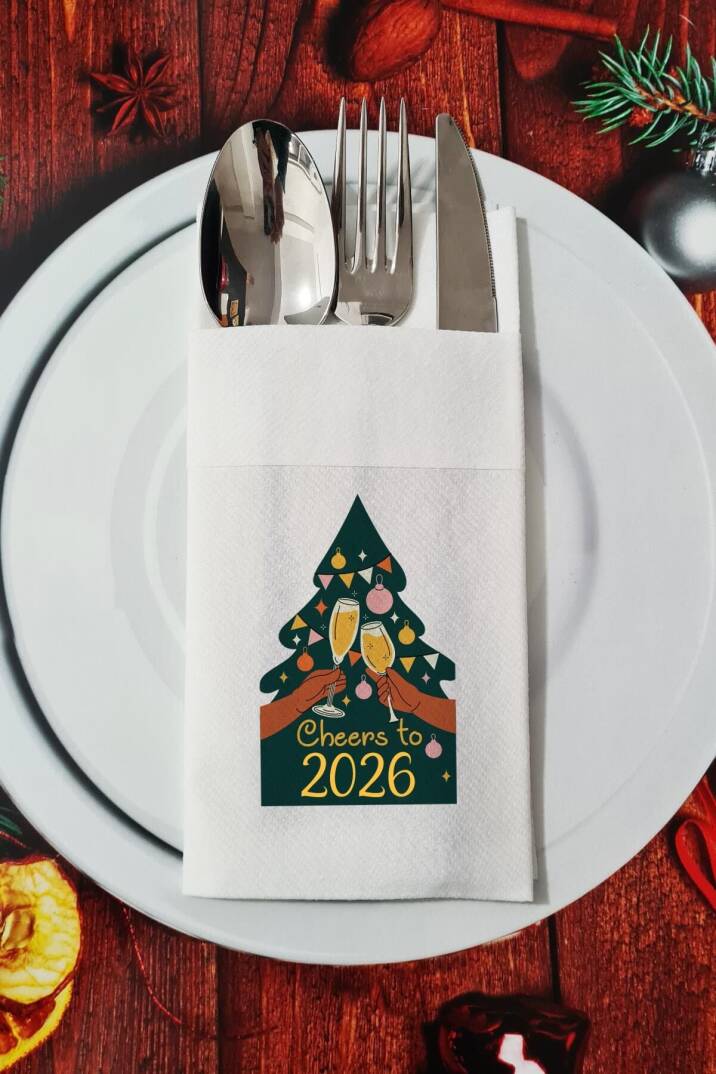 Kumaş Dokulu Cheers to 2026  Yılbaşı Ağacı - Yeni Yıl Sunum Peçetesi - 1