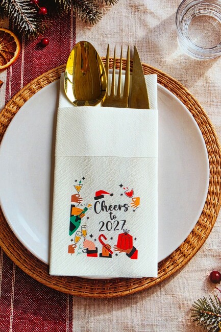 Kumaş Dokulu Cheers to 2027 Yılbaşı Masası Sunum Peçetesi