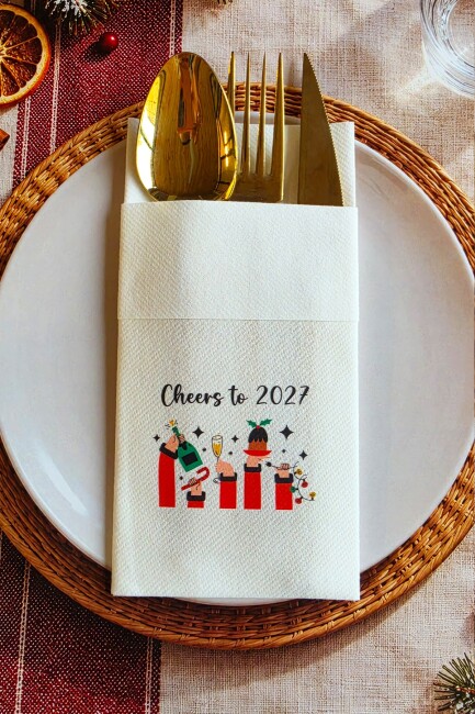 Kumaş Dokulu Cheers to 2027 Yılbaşı Masası Sunum Peçetesi