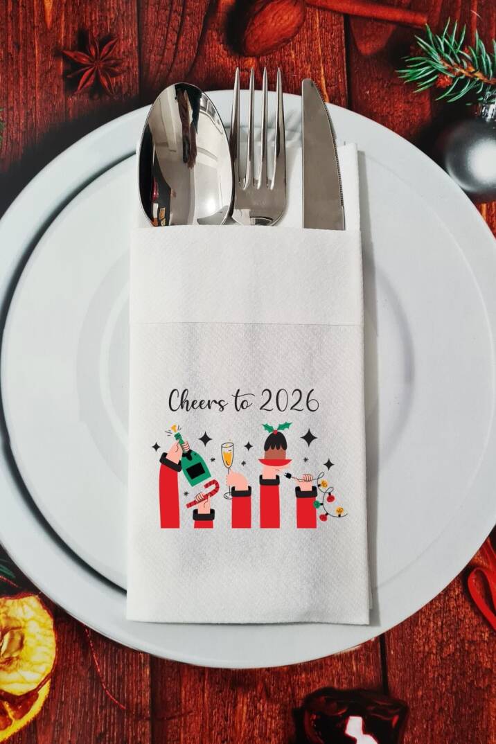 Kumaş Dokulu Cheers to 2026 Yılbaşı Masası Sunum Peçetesi - 1