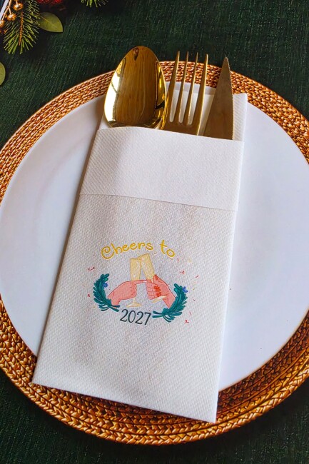 Kumaş Dokulu Cheers to 2027 Yılbaşı - Yeni Yıl Sunum Peçetesi