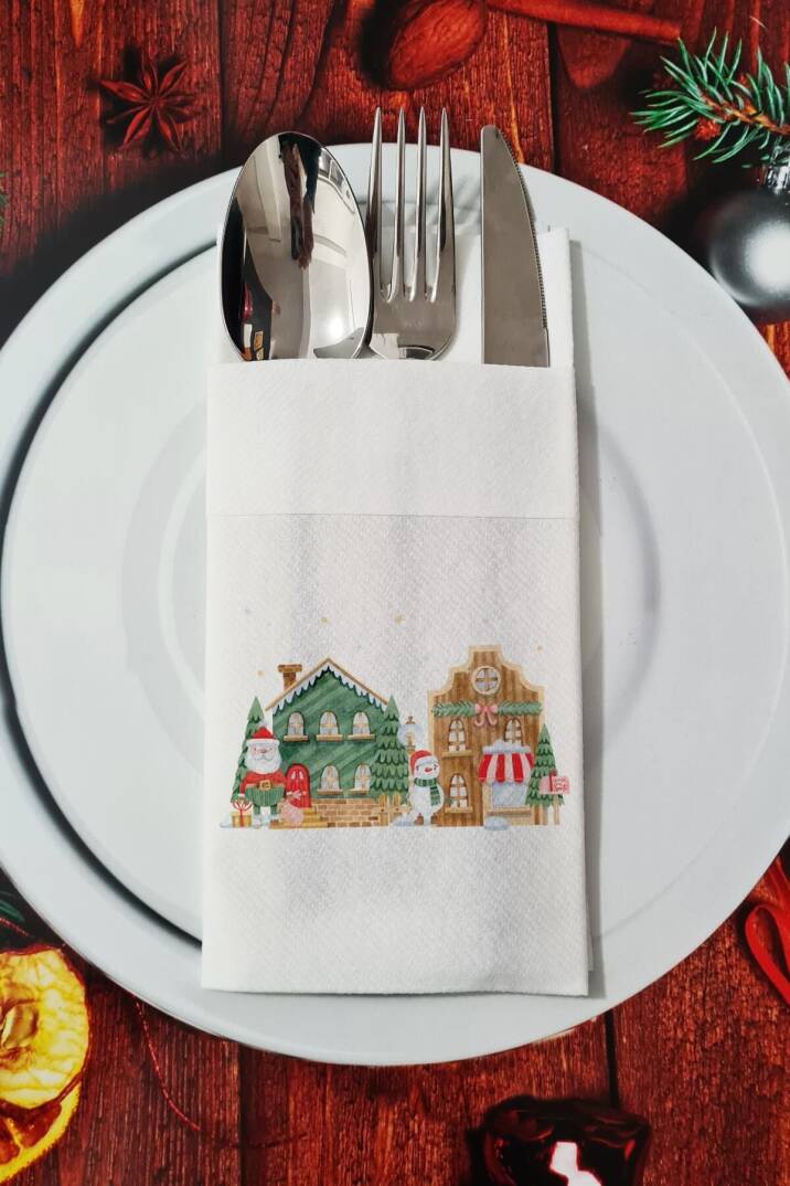 Kumaş Dokulu Christmas Town Desenli Yılbaşı - Yeni Yıl Sunum Peçetesi - 1