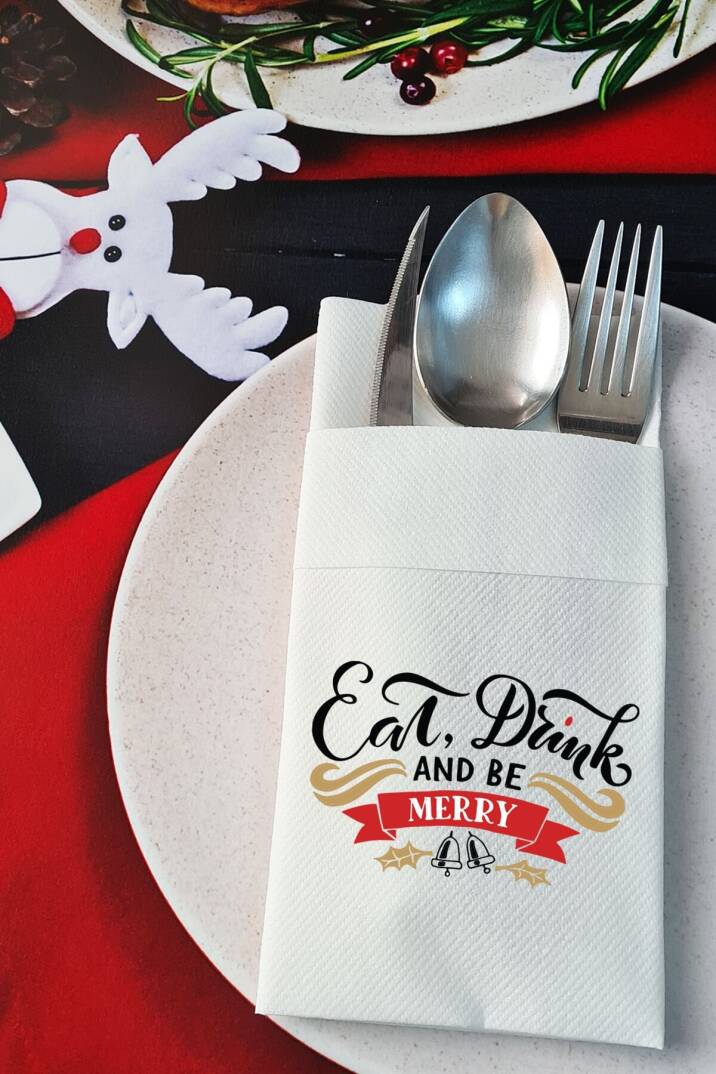 Kumaş Dokulu Eat, Drink and be Merry Yazılı Yılbaşı Sofrası - Yeni Yıl Peçetesi - 1