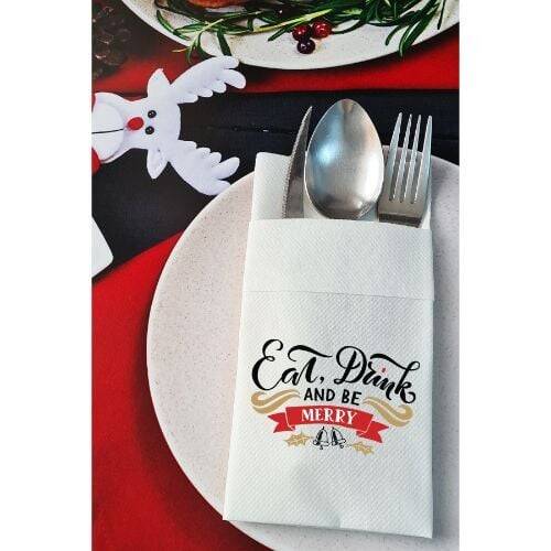 Kumaş Dokulu Eat Drink and Be Merry Yılbaşı Masası Sunum Peçetesi - 1