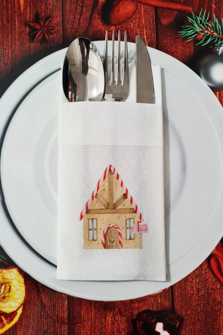 Kumaş Dokulu Gingerbread House Desenli Yılbaşı - Yeni Yıl Sunum Peçetesi - 1