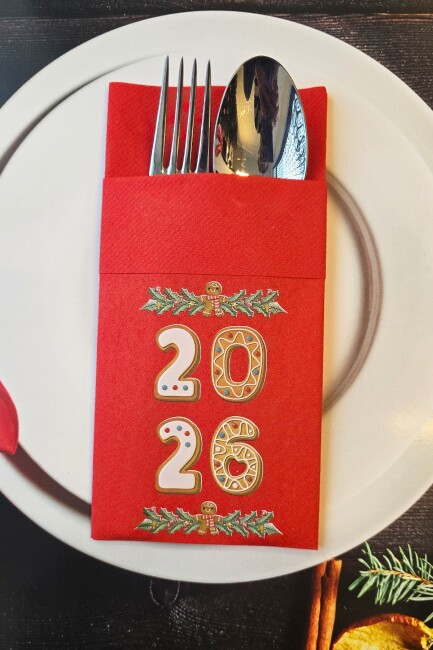Kumaş Dokulu Kırmızı 2026 Kurabiye Adam Gingerbread Tasarım Baskılı Cepli Yılbaşı Peçetesi 6lı - 1