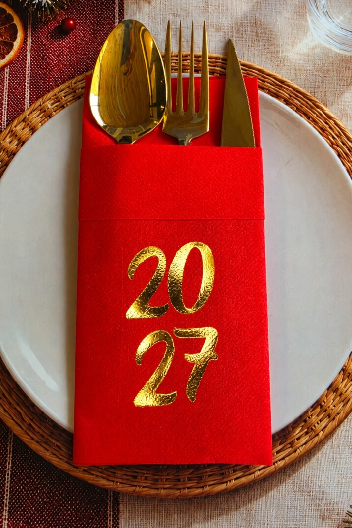 Kumaş Dokulu Kırmızı Gold Varak 2027 Baskılı Yılbaşı Sofrası Yeni Yıl Peçetesi 6'lı Paket - 1