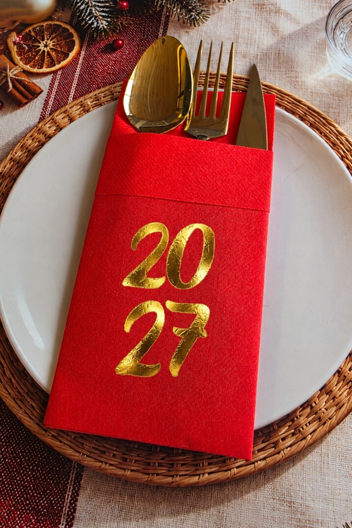 Kumaş Dokulu Kırmızı Gold Varak 2027 Baskılı Yılbaşı Sofrası Yeni Yıl Peçetesi 6'lı Paket - 2