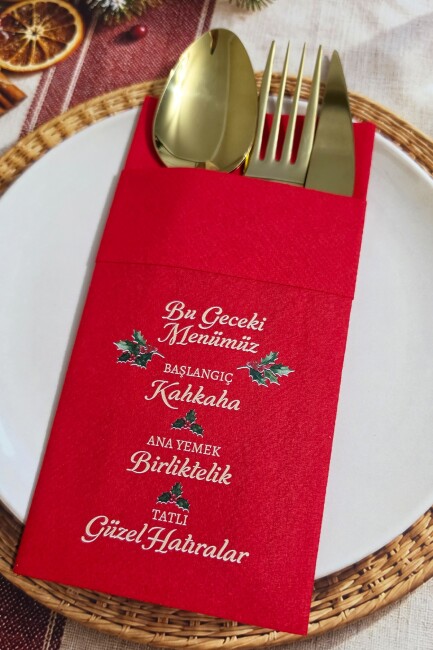Kumaş Dokulu Kırmızı Kokina Çiçekli Bu Geceki Menümüz Baskılı Yılbaşı Peçetesi – 6’lı Paket - 2