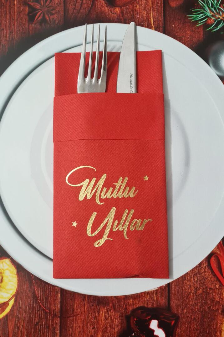 Kumaş Dokulu Kırmızı Peçete Gold Varak Mutlu Yıllar Yazılı Yılbaşı Sofrası - Yeni Yıl Peçetesi - 1