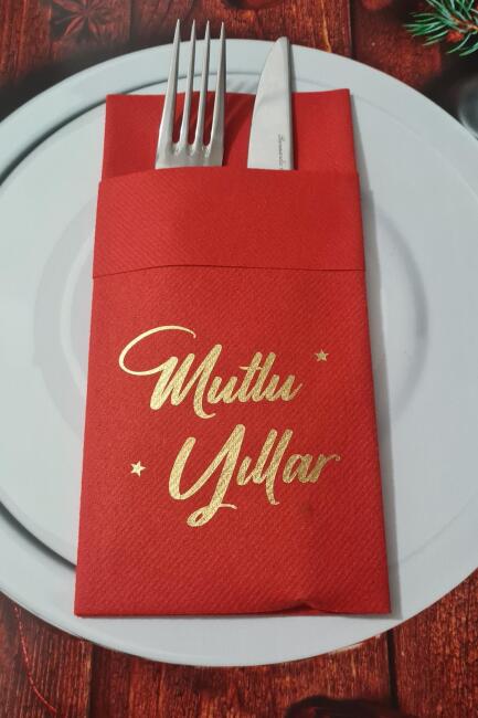 Kumaş Dokulu Kırmızı Peçete Gold Varak Mutlu Yıllar Yazılı Yılbaşı Sofrası - Yeni Yıl Peçetesi - 2
