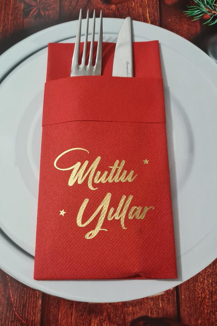 Kumaş Dokulu Kırmızı Peçete Gold Varak Mutlu Yıllar Yazılı Yılbaşı Sofrası - Yeni Yıl Peçetesi - 2
