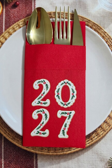 Kumaş Dokulu Kırmızı Yeşil Yaprak Detaylı 2027 Baskılı Yılbaşı Peçetesi – 6’lı Paket - 3