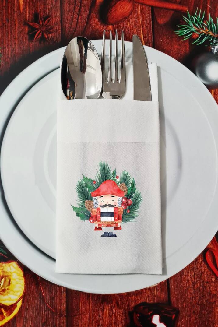 Kumaş Dokulu Kurşun Asker NutCracker Tasarımlı Yılbaşı Masası Sunum Peçetesi - 1