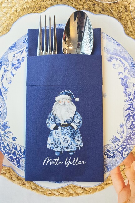 Kumaş Dokulu Lacivert Bleu Blanc Noel Baba Tasarım Cepli Yılbaşı Peçetesi 6lı Paket - 1