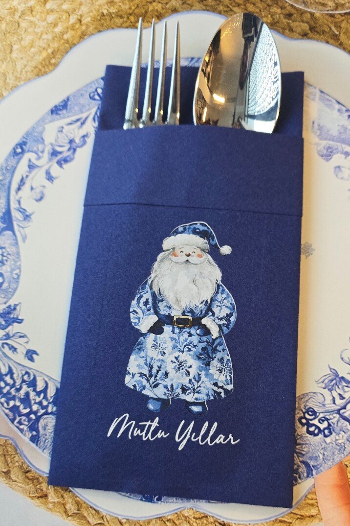 Kumaş Dokulu Lacivert Bleu Blanc Noel Baba Tasarım Cepli Yılbaşı Peçetesi 6lı Paket - 2