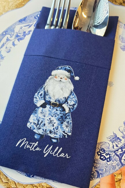 Kumaş Dokulu Lacivert Bleu Blanc Noel Baba Tasarım Cepli Yılbaşı Peçetesi 6lı Paket - 3