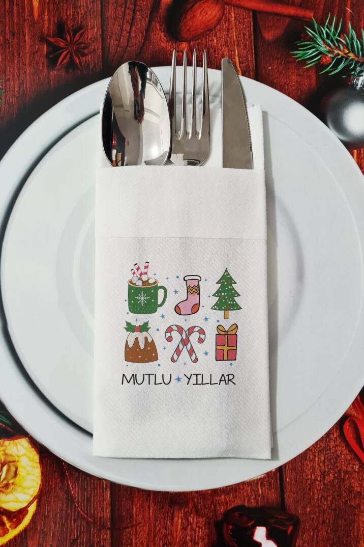 Kumaş Dokulu Mutlu Yıllar Yazılı Retro Yılbaşı - Yeni Yıl Sunum Peçetesi - 1