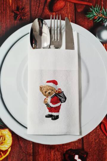 Kumaş Dokulu Noel Baba Kostümlü Teddy Bear Desenli Yılbaşı - Yeni Yıl Sunum Peçetesi