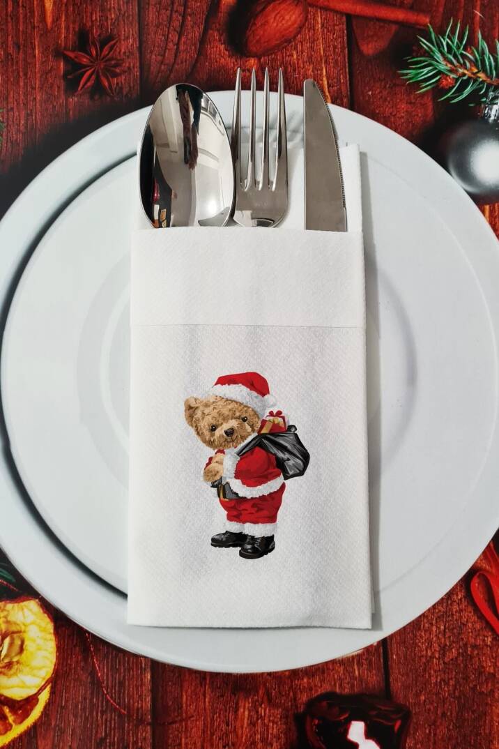 Kumaş Dokulu Noel Baba Kostümlü Teddy Bear Desenli Yılbaşı - Yeni Yıl Sunum Peçetesi - 1