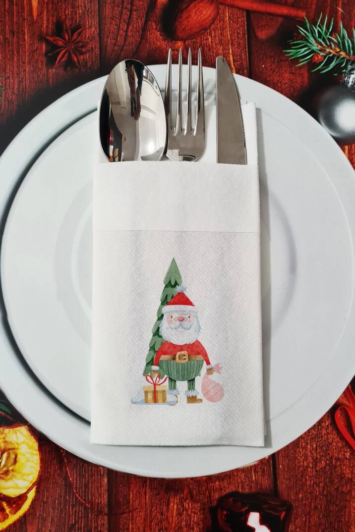 Kumaş Dokulu Noel Baba -  Santa Desenli Yılbaşı - Yeni Yıl Sunum Peçetesi - 1