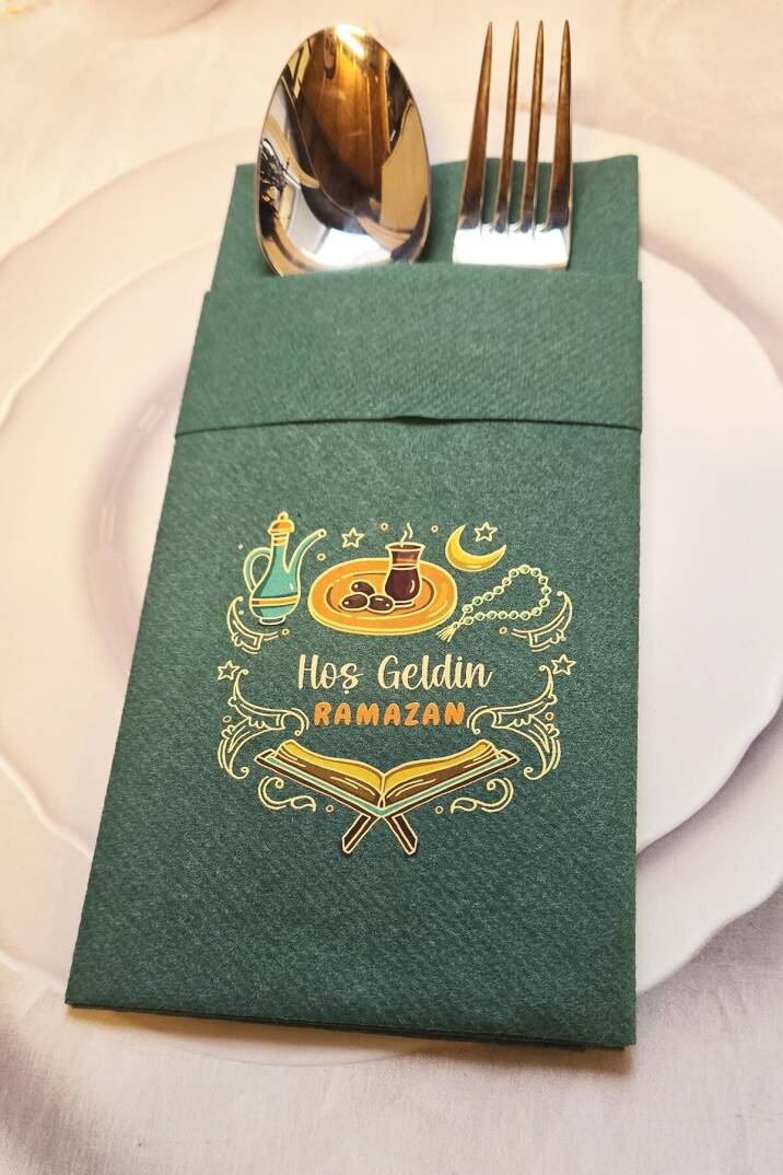 Kumaş Dokulu Ramazan Peçetesi Cepli Yeşil Hoş Geldin Ramazan Yazılı Peçete Yeşil 6lı Paket - 2