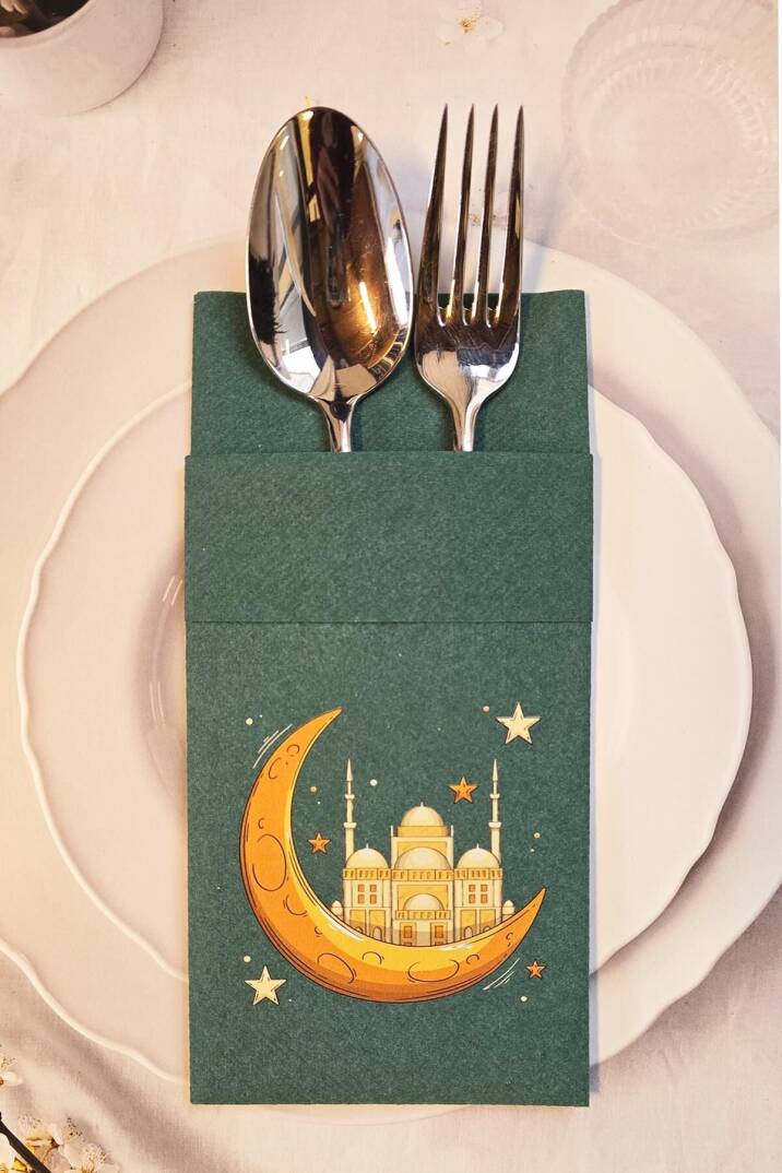 Kumaş Dokulu Ramazan Peçetesi Cepli Yeşil Kumaş Dokulu Dini Motif Baskılı Peçete Yeşil 6lı Paket - 1