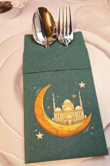 Kumaş Dokulu Ramazan Peçetesi Cepli Yeşil Kumaş Dokulu Dini Motif Baskılı Peçete Yeşil 6lı Paket - 2
