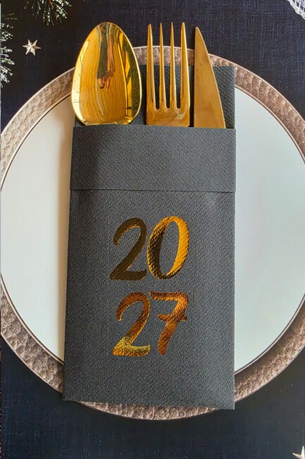 Kumaş Dokulu Siyah Peçete Gold Varak 2027 Yazılı Yılbaşı Sofrası Yeni Yıl Peçetesi 6'lı