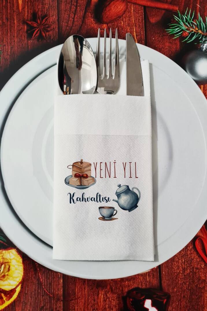 Kumaş Dokulu Yeni Yıl Kahvaltısı Yazılı Yılbaşı - Yeni Yıl Sunum Peçetesi - 1
