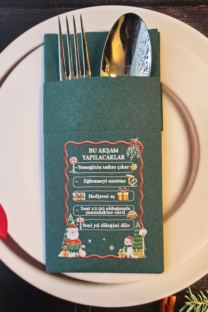 Kumaş Dokulu Yeşil Yılbaşında Yapılacaklar Baskılı Cepli Yılbaşı Peçetesi 6lı Paket - 2