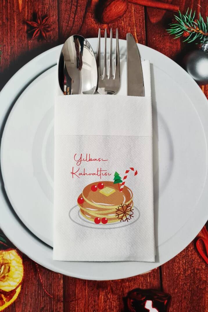 Kumaş Dokulu Yılbaşı Kahvaltısı Yazılı Yılbaşı Pancake - Yeni Yıl Sunum Peçetesi - 1