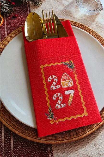 Kumaş Dokulu Yılbaşı Kurabiye Evi Tasarım Kırmızı Cepli Yılbaşı Peçetesi – 6’lı Paket - 2