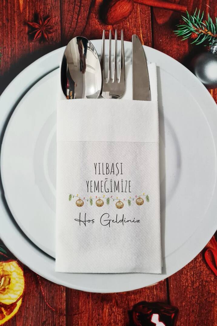 Kumaş Dokulu Yılbaşı Yemeğimize Hoş Geldiniz Yazılı Yılbaşı Çanları - Yeni Yıl Sunum Peçetesi - 1