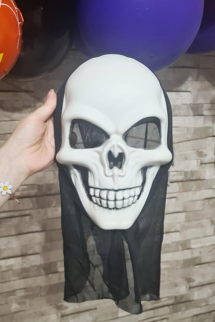 Kuru Kafa Maskesi Cadılar Bayramı Halloween Maskesi Korkunç İskelet Kurukafa Tüllü Maske - 3