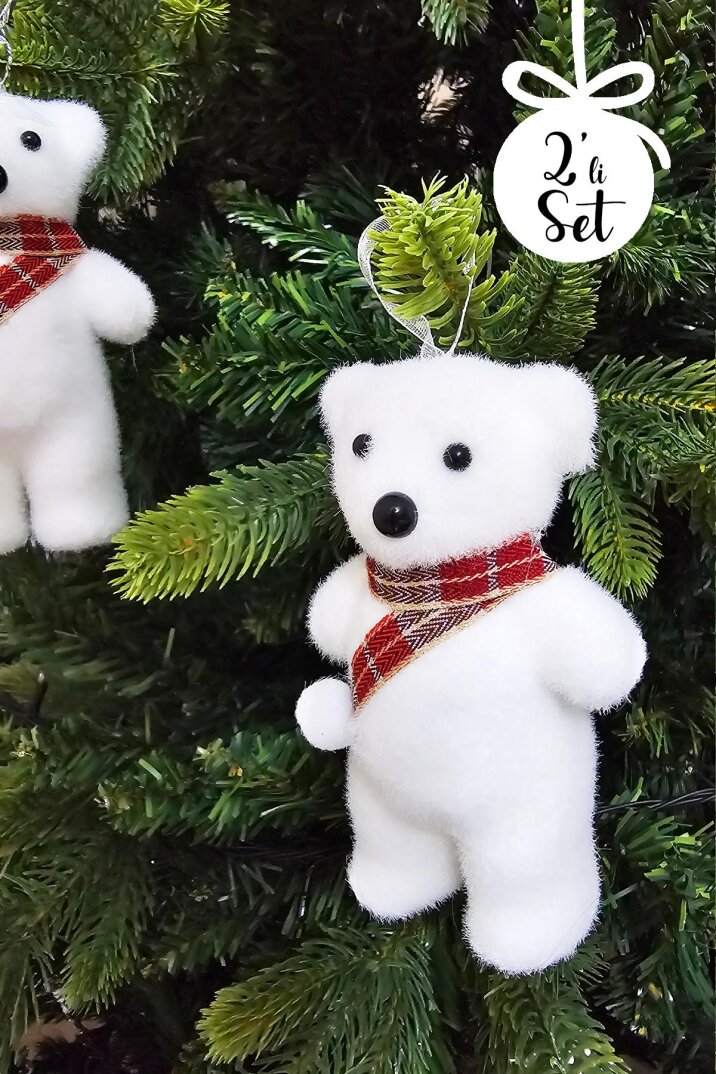 Kutup Ayı Sevimli Beyaz Ayı Tüylü Atkılı Ayı Yılbaşı Ağaç Süsü 2li Paket - 2