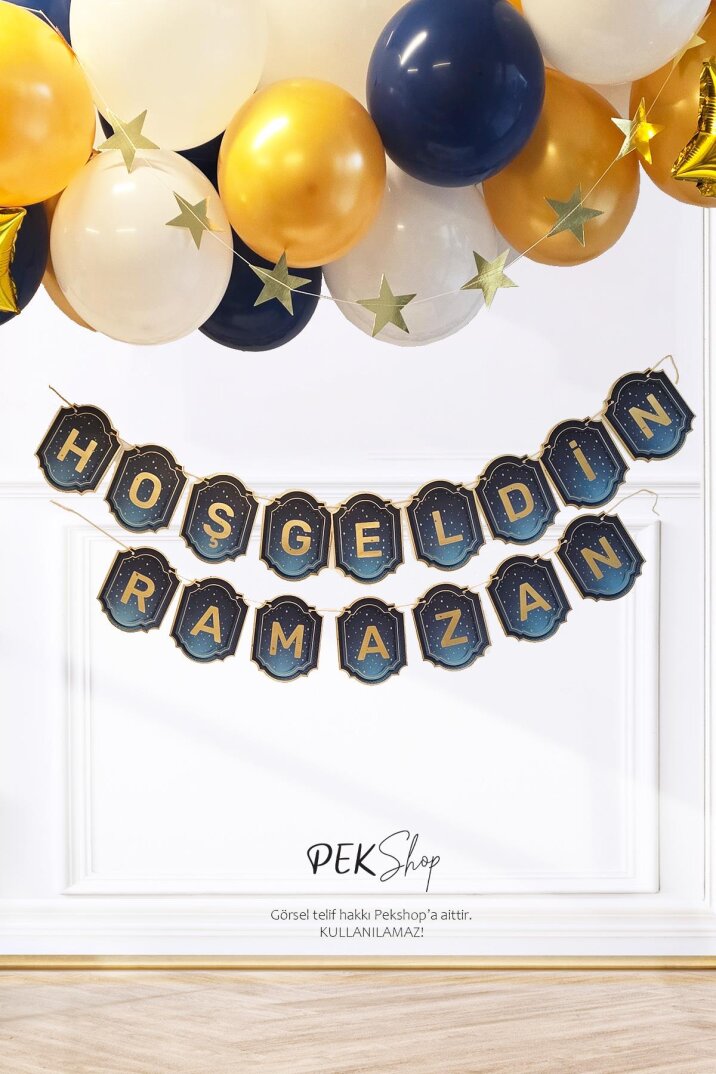 Lacivert Gold Varaklı Hoşgeldin Ramazan Yazısı Banner Uzar Yazı Ramazan Süsü - 1
