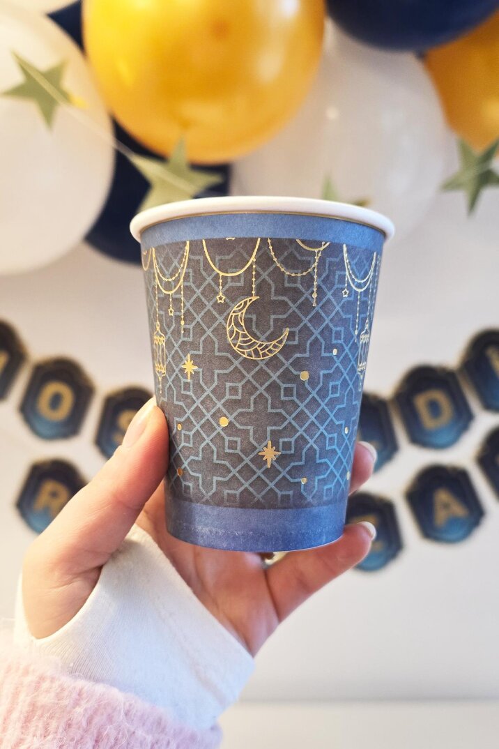 Lacivert Gold Varaklı Ramazan Bardak Dini Motifli Ramazan Sofrası Karton Bardak 8li - 1