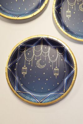 Lacivert Gold Varaklı Ramazan Tabak 8li Dini Motifli Ramazan Sofrası Karton Tabak - 1